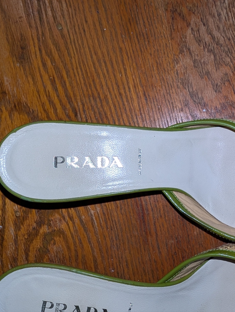 Prada Pink Leather & Natural Raffia Pointed Toe Mules with Green Trim - Picture 2 of 4